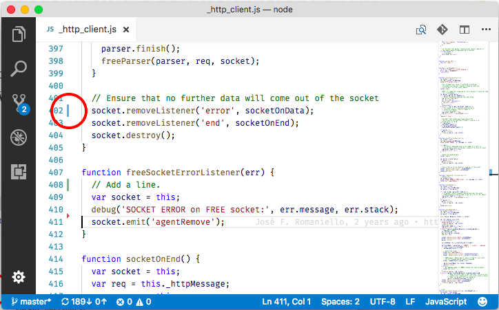 Annotations that show Git changes. Blue means changed, green added, and red deleted lines.